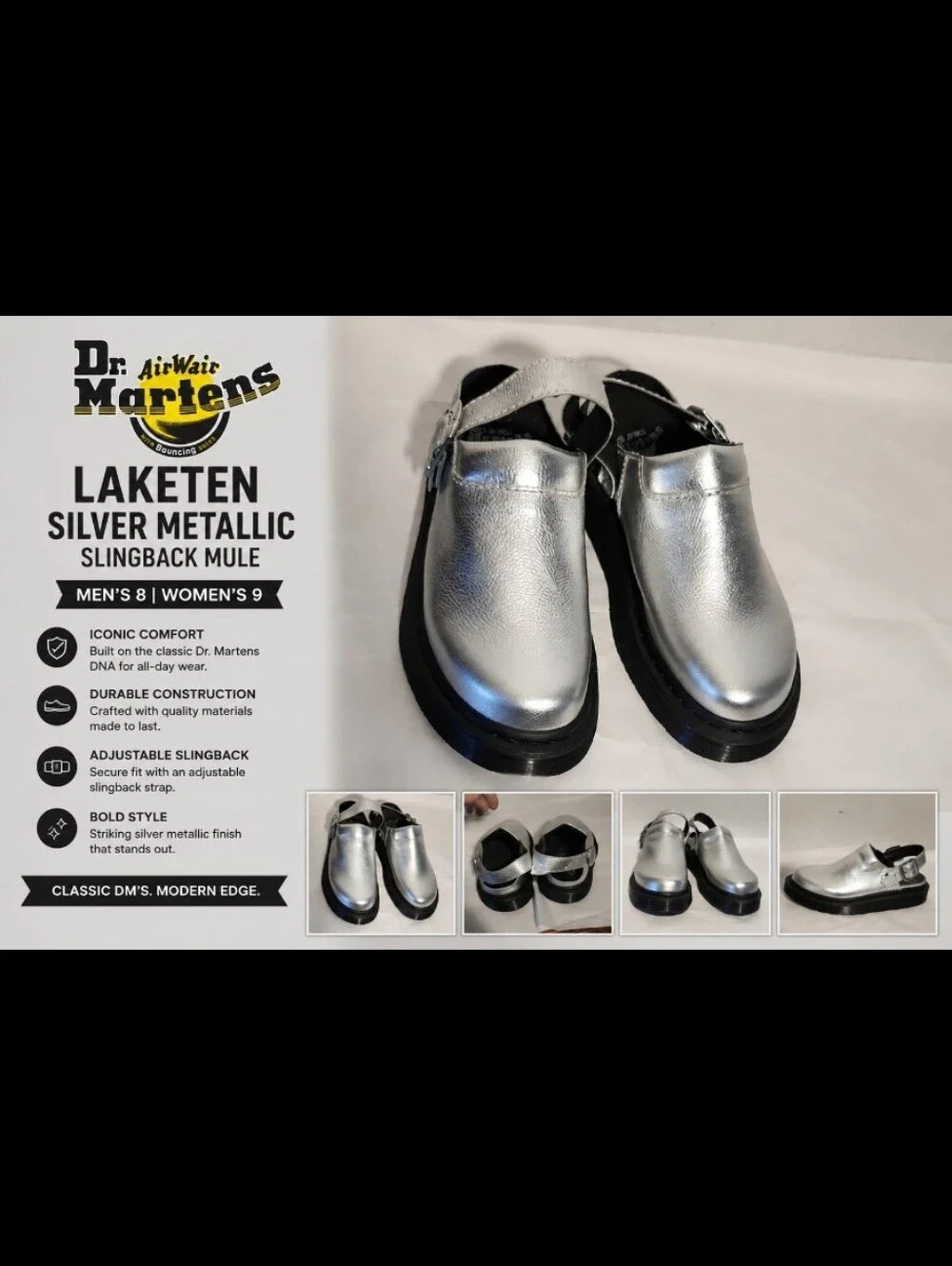 DOC MARTENS Dr. Martens Laketen Silver Metallic Slingback Mule Mens 8 Womens 9
